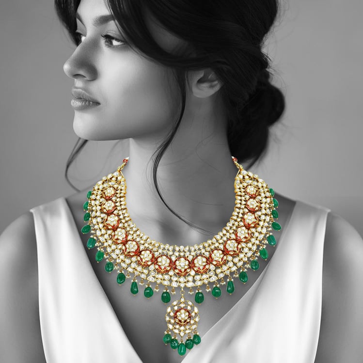 Polki Necklace with Red Enamel and Emerald Drops